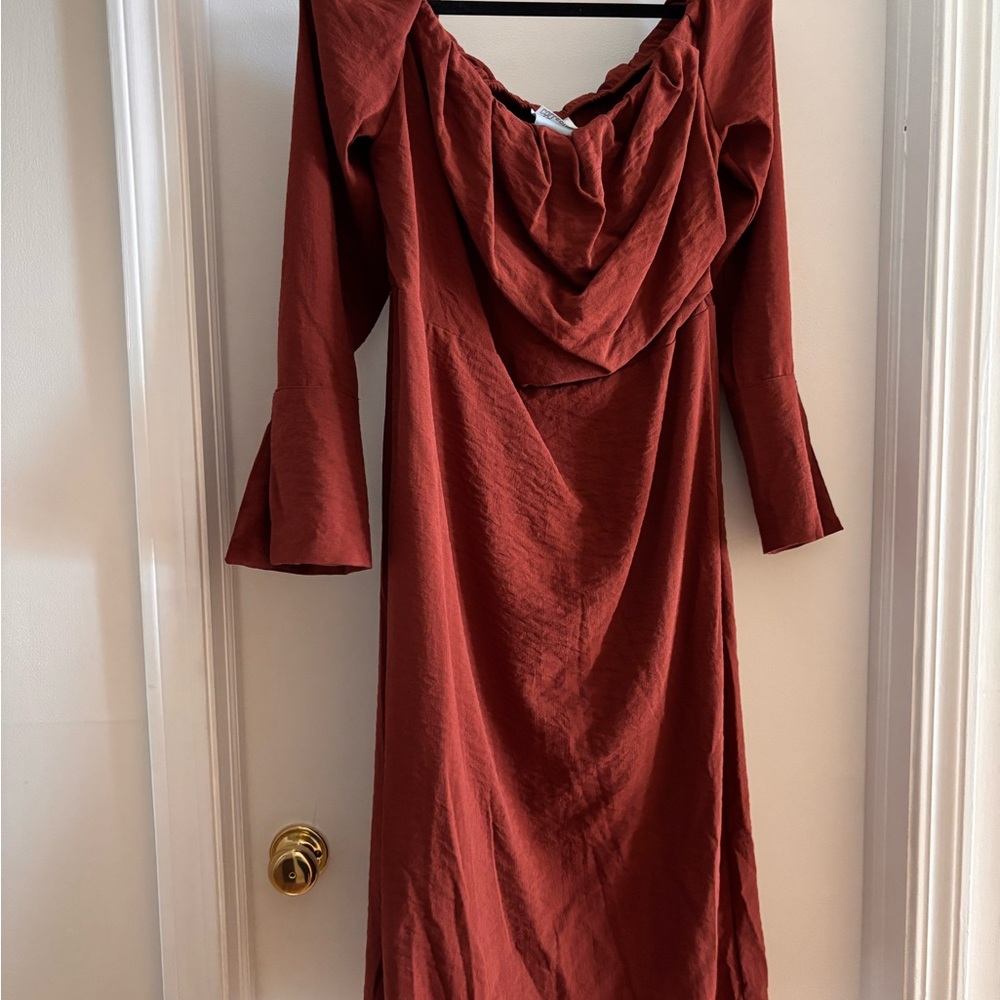 Future Collective Rust Off Shoulder MIDI Dress